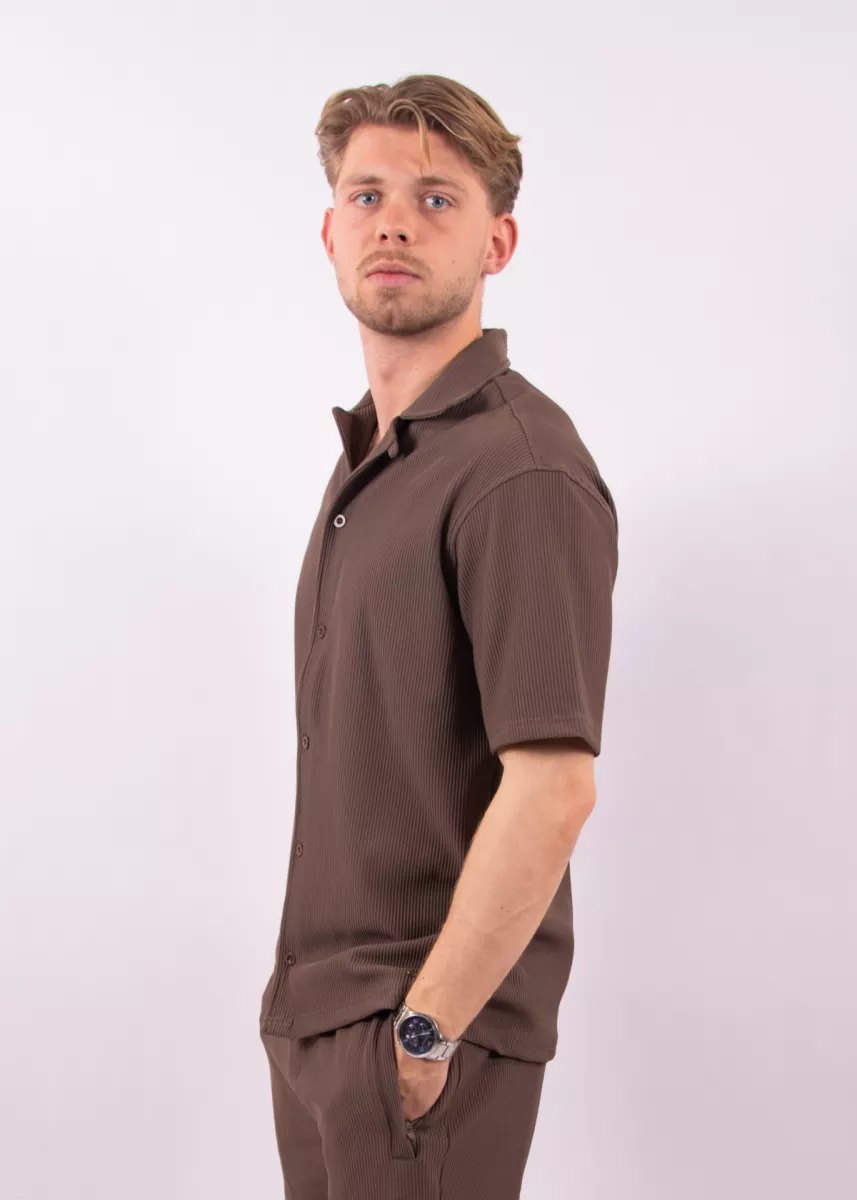 Malelions ribbed camp collar shirt brown
