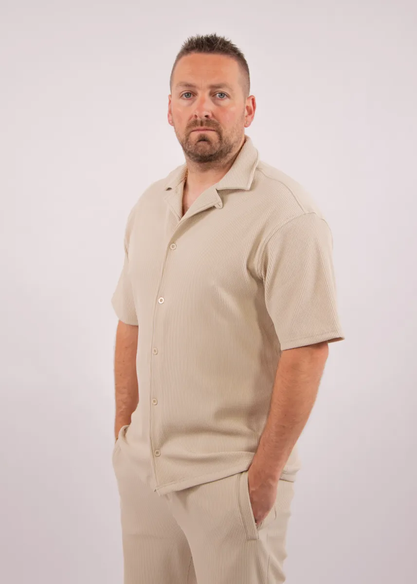 Malelions ribbed camp collar shirt light taupe